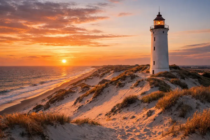 A white lighthouse on a sand dune with beach grass, the sun setting over the sea behind it.