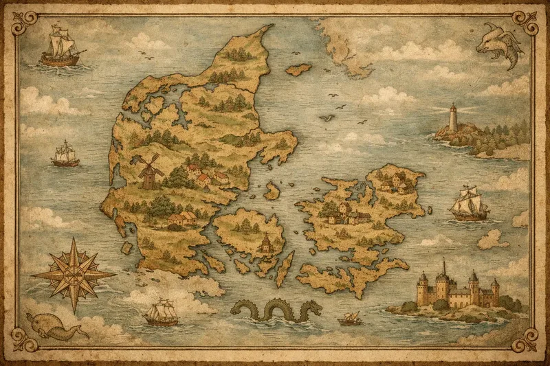 An old-style illustrated map of Denmark's peninsula and islands, with small ships, a windmill, a castle, a sea serpent and a compass rose.